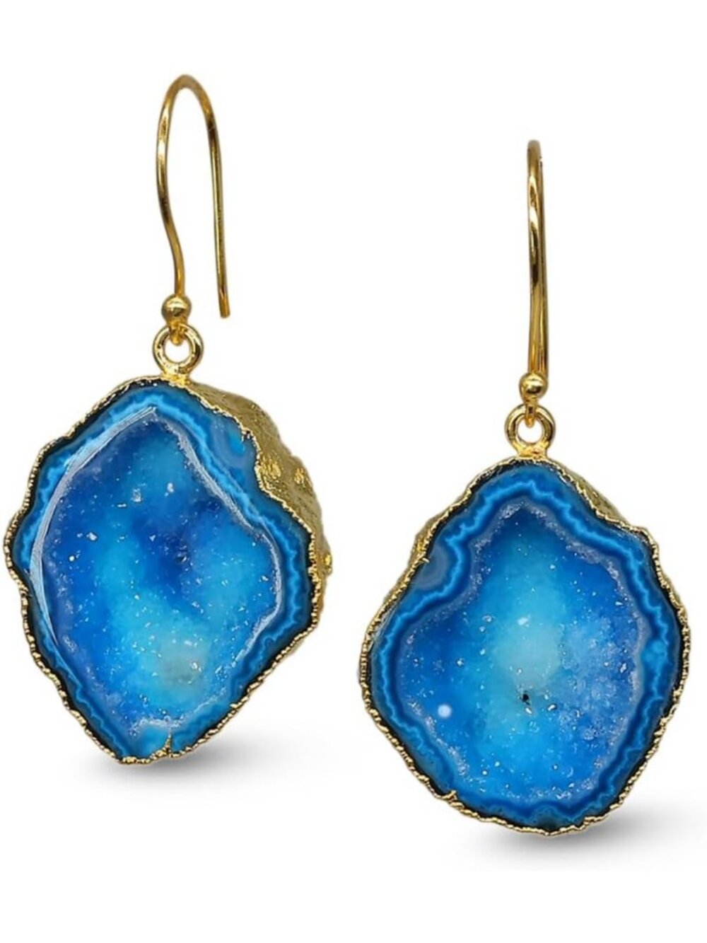 Handmade Boho Raw Druzy Crystal Dangle Earrings - Gold Plated Natural Gemstone